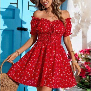 Plus Size 1XL Holiday Off Shoulder Ruffle Trim High Waist Beach Dress Women Red